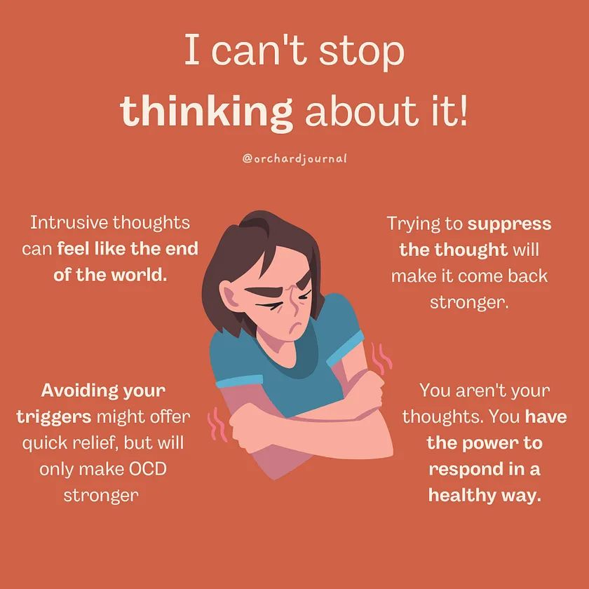 I can't stop thinking about intrusive thoughts visual with pitfalls like suppression and avoidance