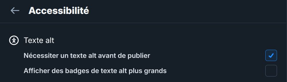 Capture d'écran des paramètres d'accessibilité de bluesky
Menu Texte alt avec la case "nécessiter un texte alt avant de publier" cochée 