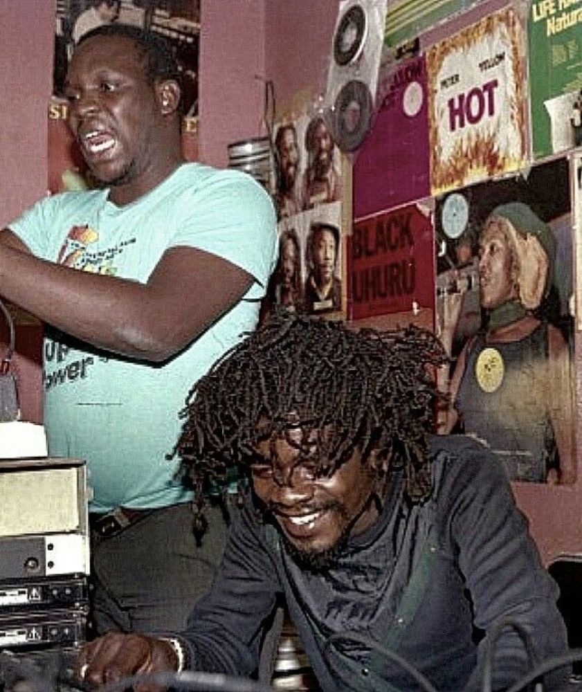 Two of dancehalls’s greatest now sadly passed Cocoa Tea & Bobby Digital at King Jammy’s studio 1980s