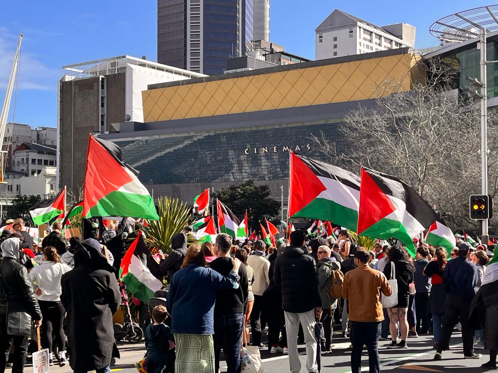 Massive crowd protesting genocide in Palestine in Aotea Sq