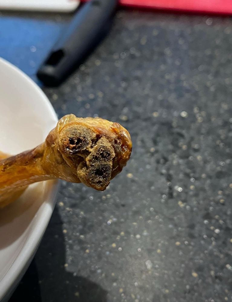 Chicken drumsticks that looks like a very tired E.T. 