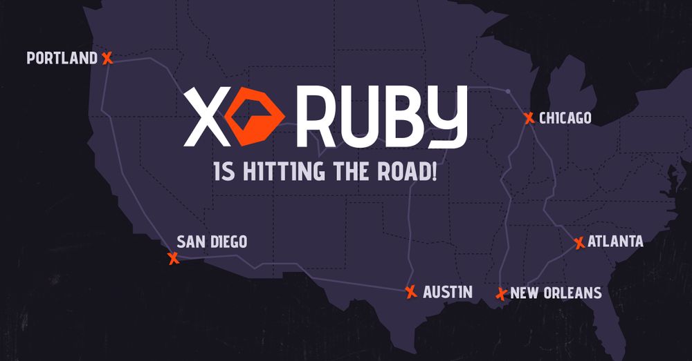 A US map showing the locations in the post with the text "XO Ruby is hitting the road!"