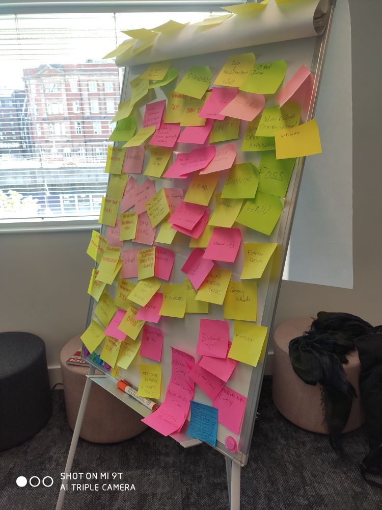 A whiteboard filled with colorful sticky notes in pink, green, and yellow, showcasing ideas and keywords. The board is set in an office with window blinds.