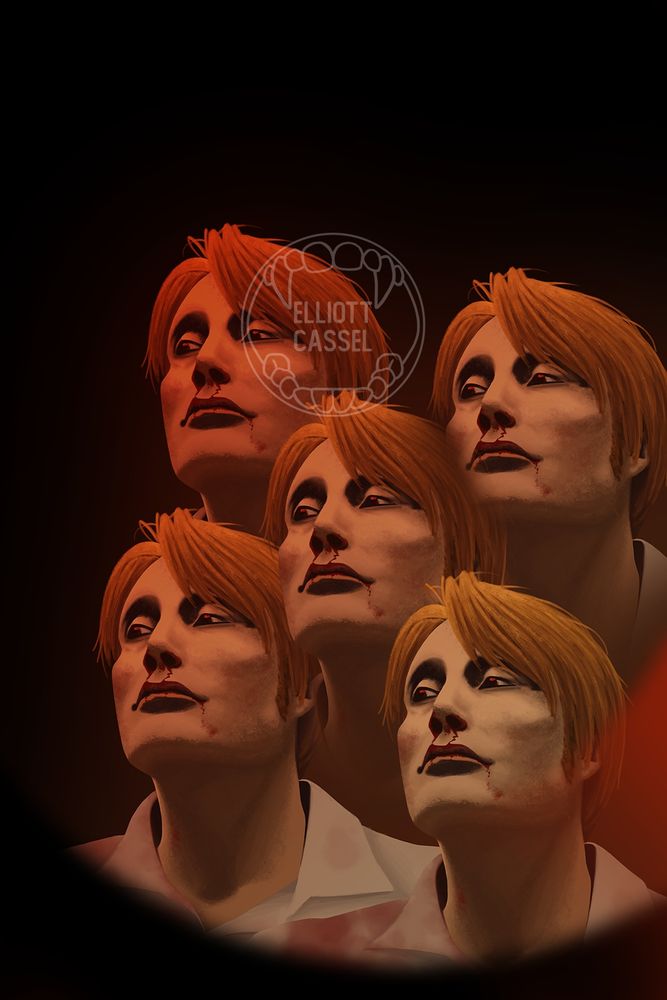 A digital portrait of Hannibal Lecter, a white man with short blond hair and an angular face, colored red and multiplied as if in a kaleidoscope