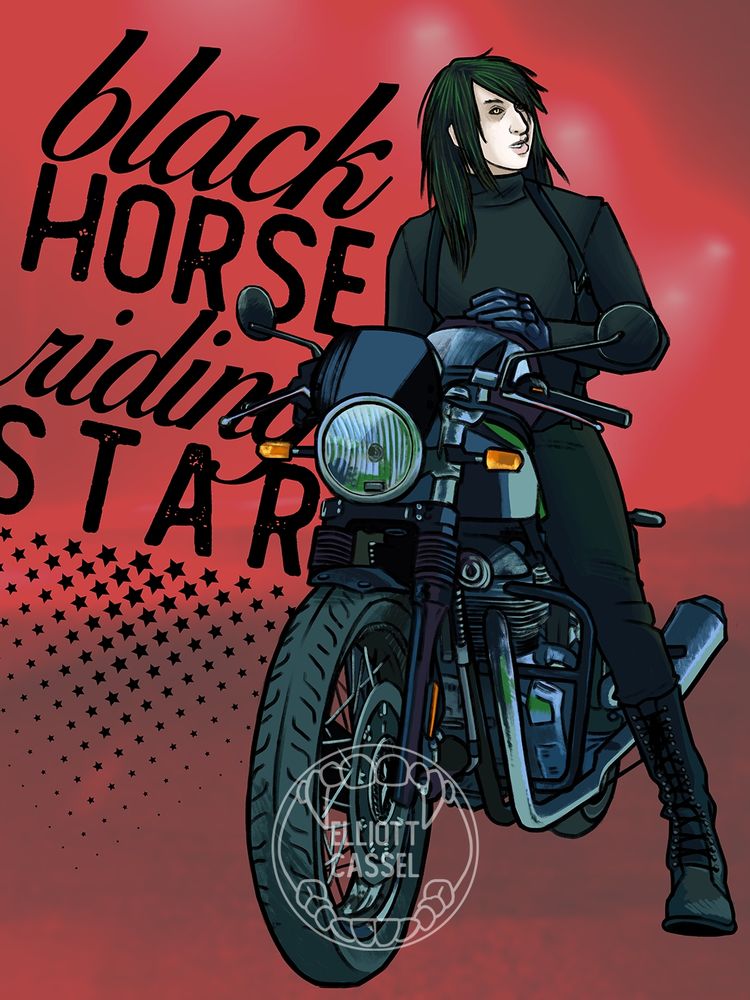 A digital painting of a man in a black turtleneck and jeans standing over a motorcycle, not quite riding it. The background is a red road with text that reads, "Black horse riding star."