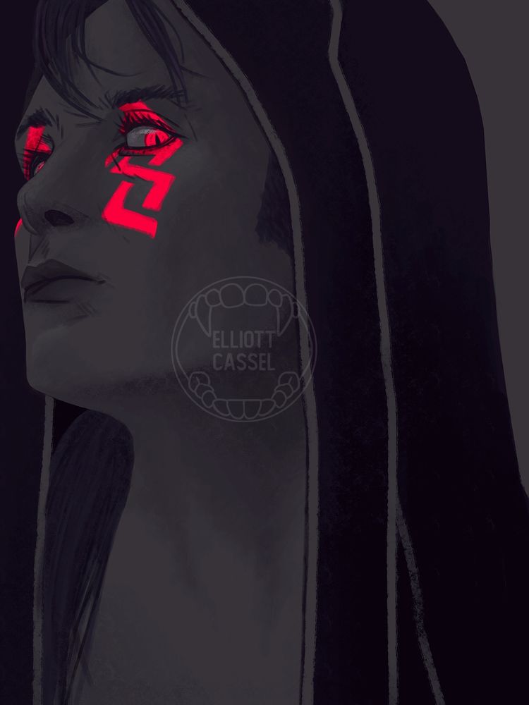 A very dark digital painting of Cu Chulainn Alter from Fate/Grand Order, modeled after Cillian Murphy. Bright red eyes and tattoos frame his face.