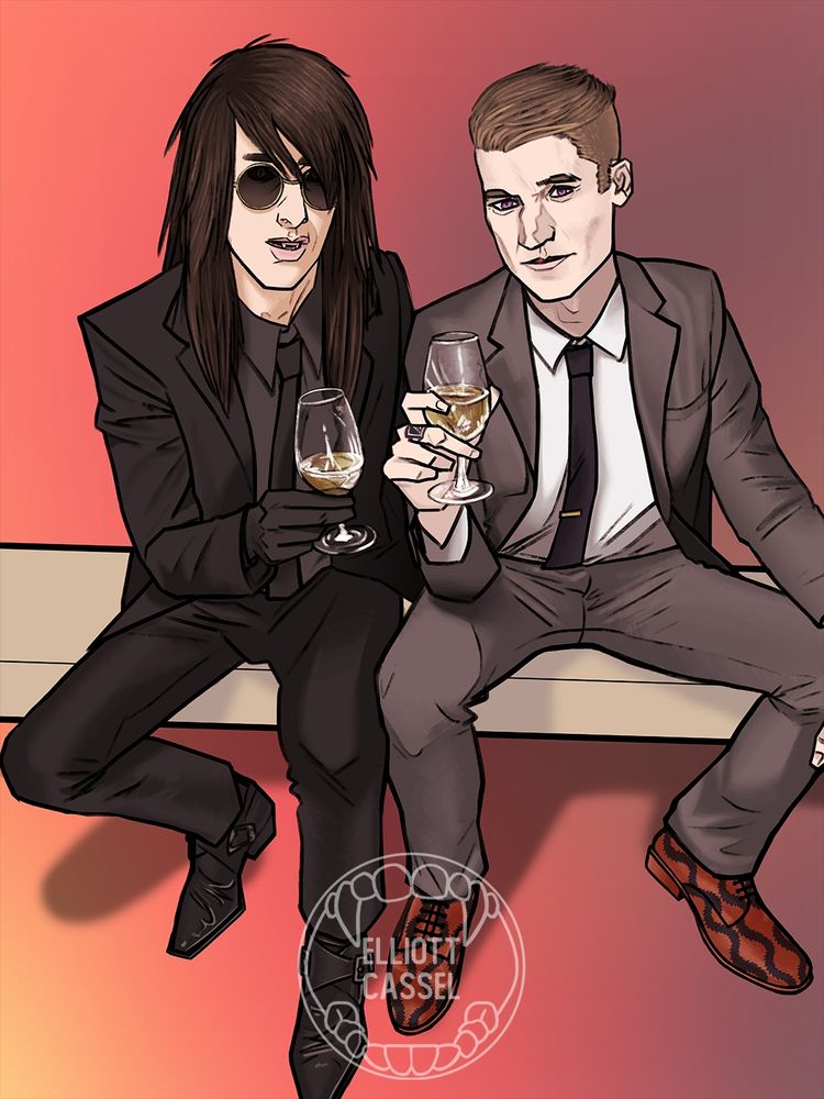A digital painting of Vincent MacLachlan, a white vampire with long black hair wearing a black suit, and Nikolay Ravenscroft, a white man with short blond hair wearing a grey suit, sitting on a bench and toasting glasses of champagne at the viewer.