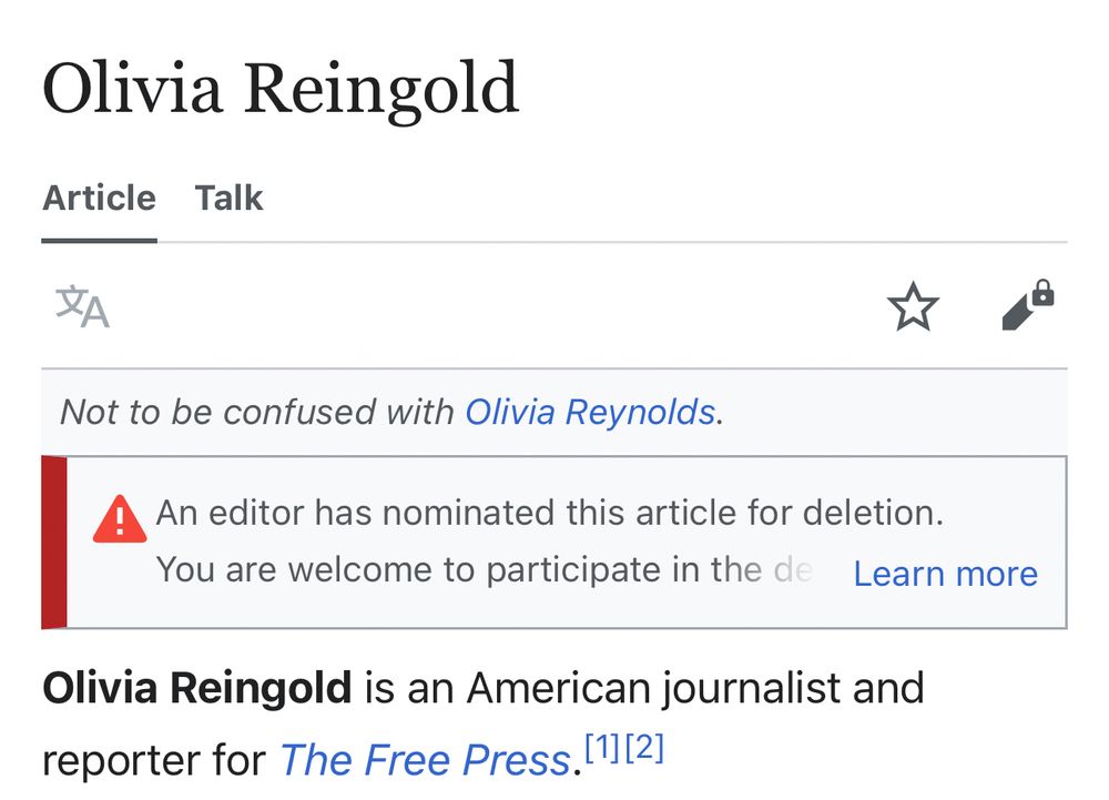 Olivia Reingold’s Wikipedia article with a note saying it has been nominated for deletion 