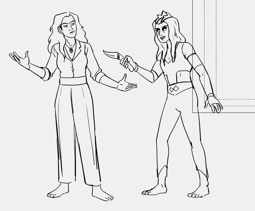 a black and white line drawing of MCU characters Agatha Harkness and Rio Vidal
Rio is pointing to her dagger towards Agatha, who does not look phased at her