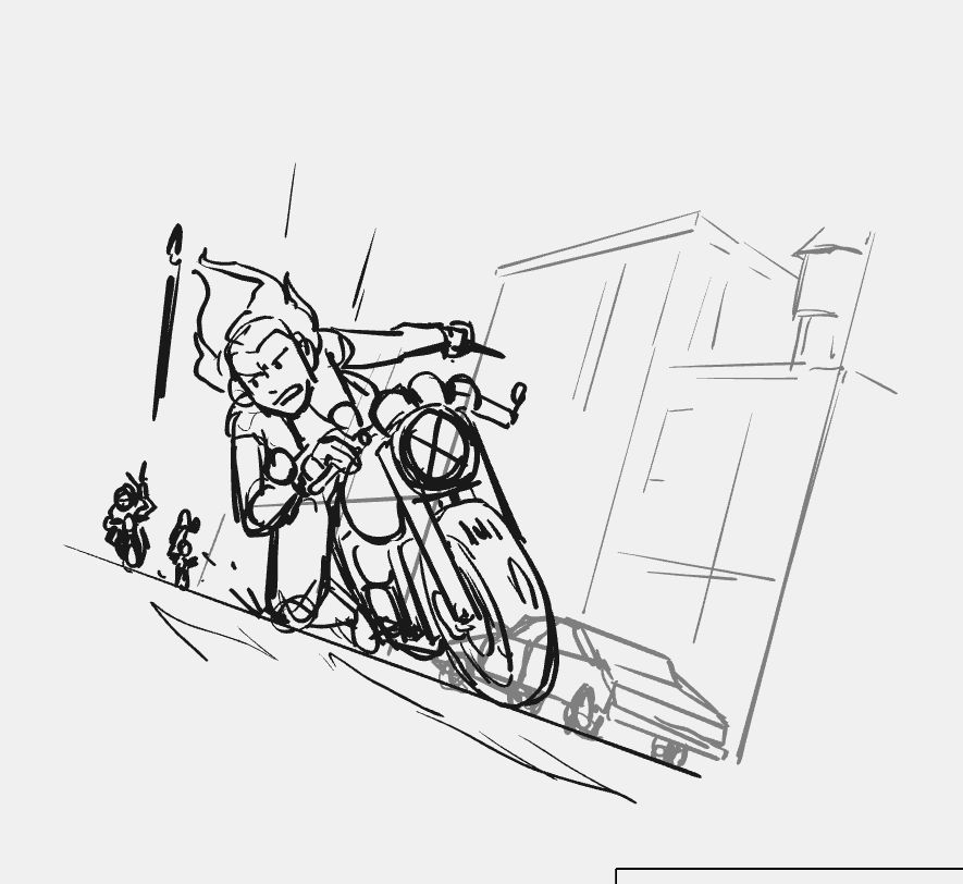 super rough sketch of a person on a motorcycle being chased by GOONs