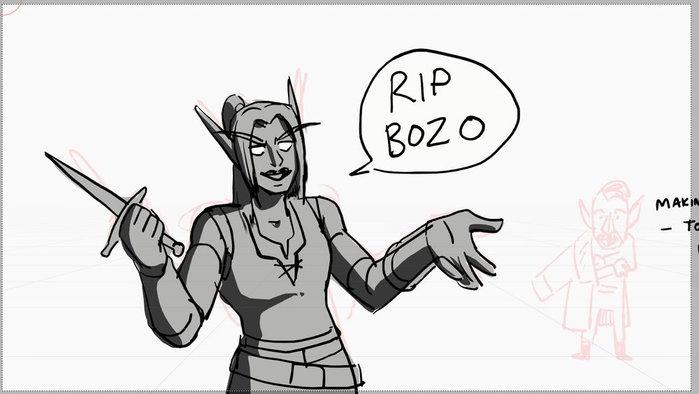 rough drawing in blender of a night elf rogue saying, 'rip bozo'
in the background is a small nosferatu (2024) drawing