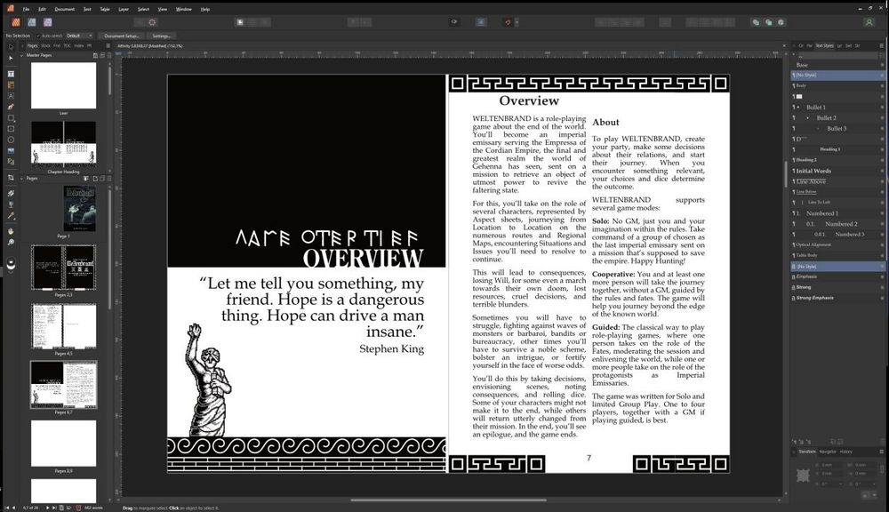 Picture of a Layout Programm, Affinity Publisher, depicting a chapter heading and pixelart picture of a statue as well as a page with introductions for the text and book depicted