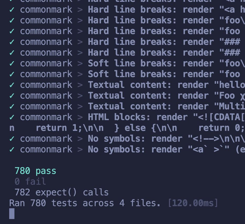 Screenshot of a terminal showing 780 passing tests for the markdown parser