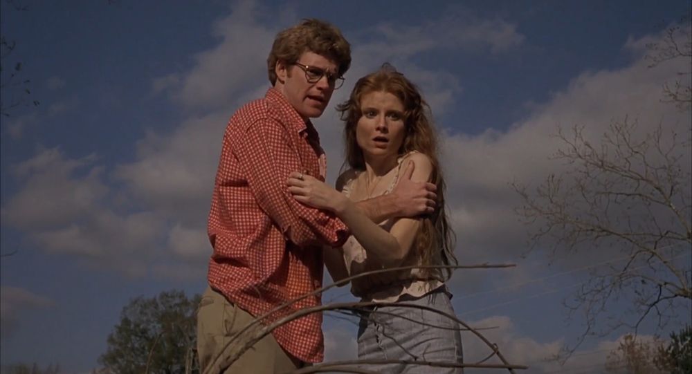 Frame from nature horror/animal attack exploitation film 'Squirm' (1976). Spectacled brown haired young man (Don Scardino as Mick) wearing a red shirt with white dots and khaki trousers (on the left) and a shocked brown haired young woman (Patricia Pearcy as Geri Sanders) wearing a white sleeveless floral whirt and jeans (on the right) standing outside next to each other and holding each other's arms.