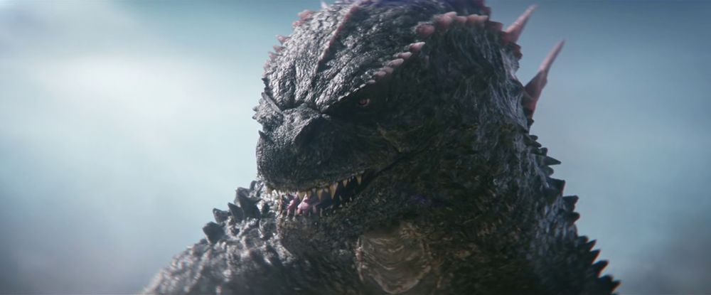 Frame from the monster movie 'Godzilla x Kong: The New Empire' (2024). Close-up of an angry looking giant prehistoric amphibious reptile, Godzilla.