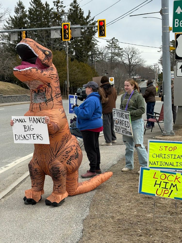 Small group of protestors on street corner under traffic lights. Person in large T-Rex costume holds sign that reads "Small Hands, Big Disasters". Other signs read: Sign 1: If you're not horrified, then you aren't paying attention. Sign 2: Stop Christian Nationalists. Sign 3: Lock Him Up!