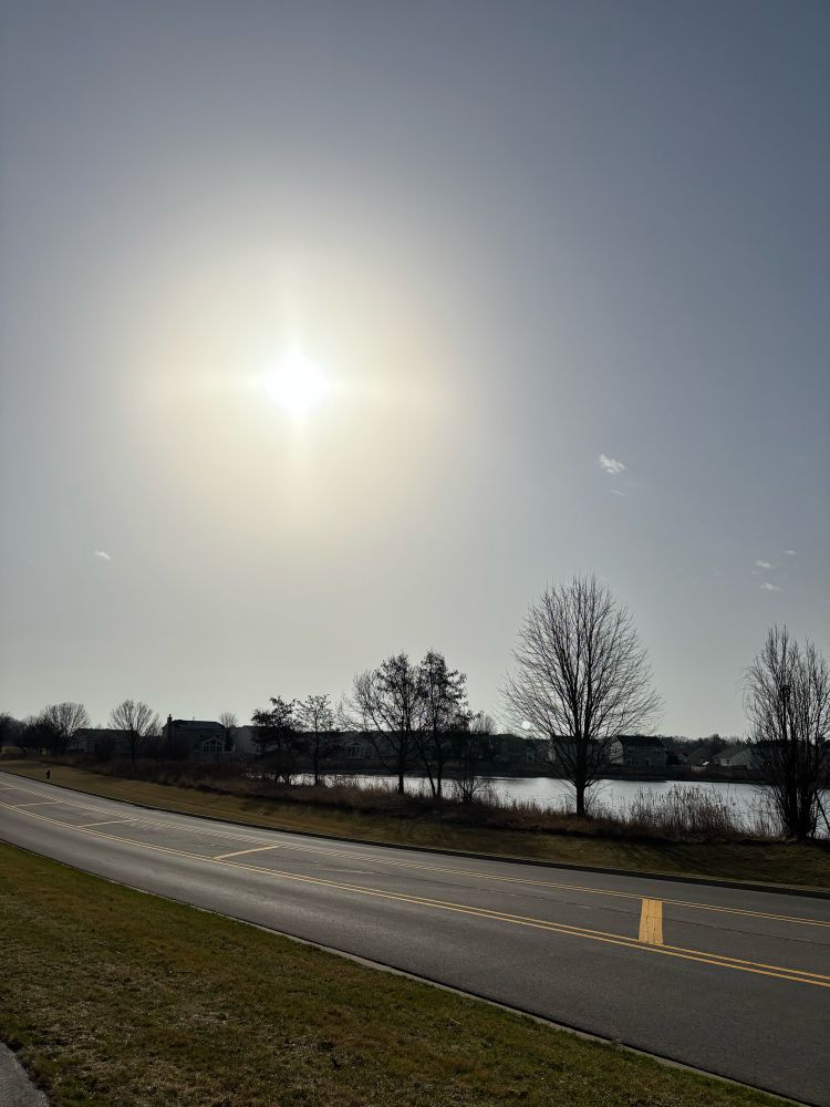 Sun above a pond with a road in the foreground