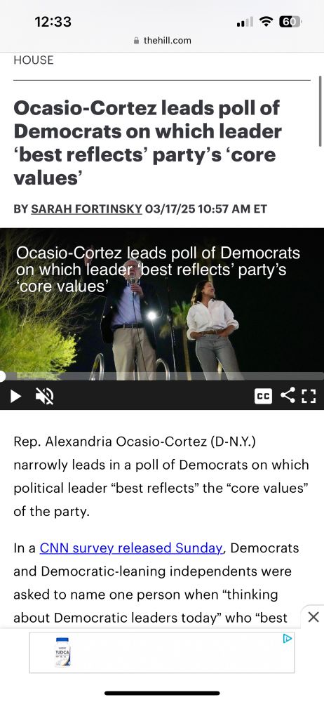 News article stating AOC leads poll that reflects the democratic party’s core values