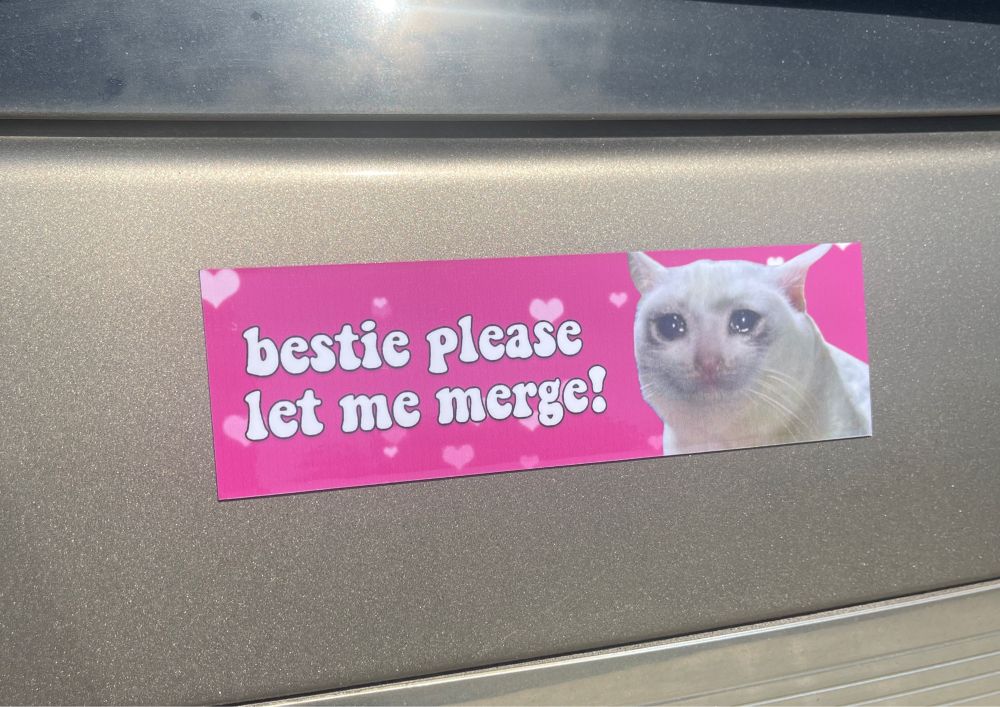 Bumper sticker with sad cat saying “bestie please let me merge”