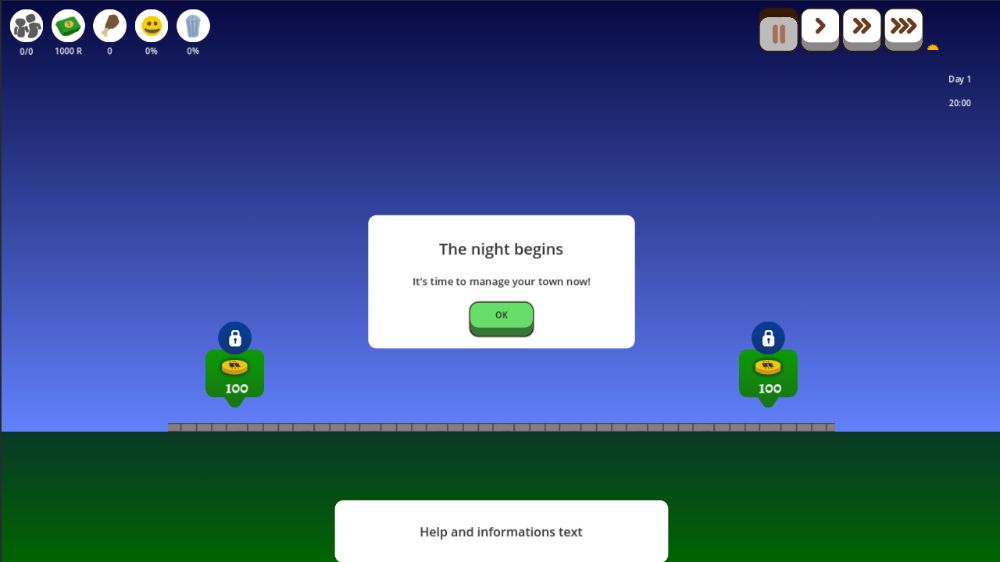 Screenshot of a city builder prototype at night
