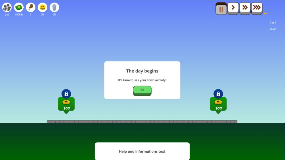Screenshot of a city builder prototype at day