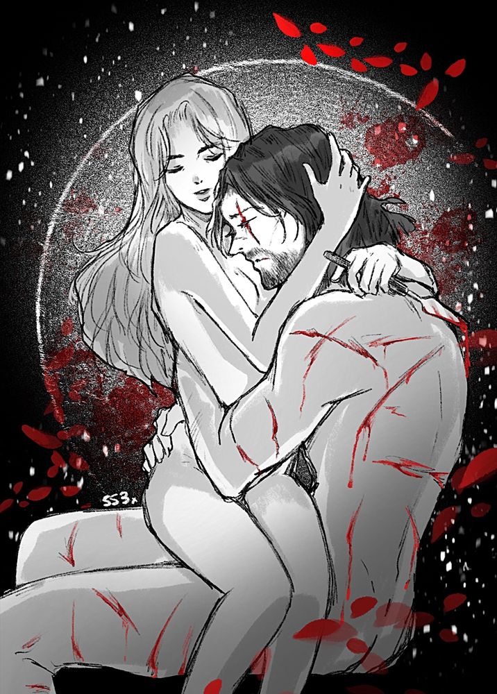 Maelle/Alicia sitting on Verso's lap cradling his head. She is holding a palette knife and he has been slashed with many knife wounds.