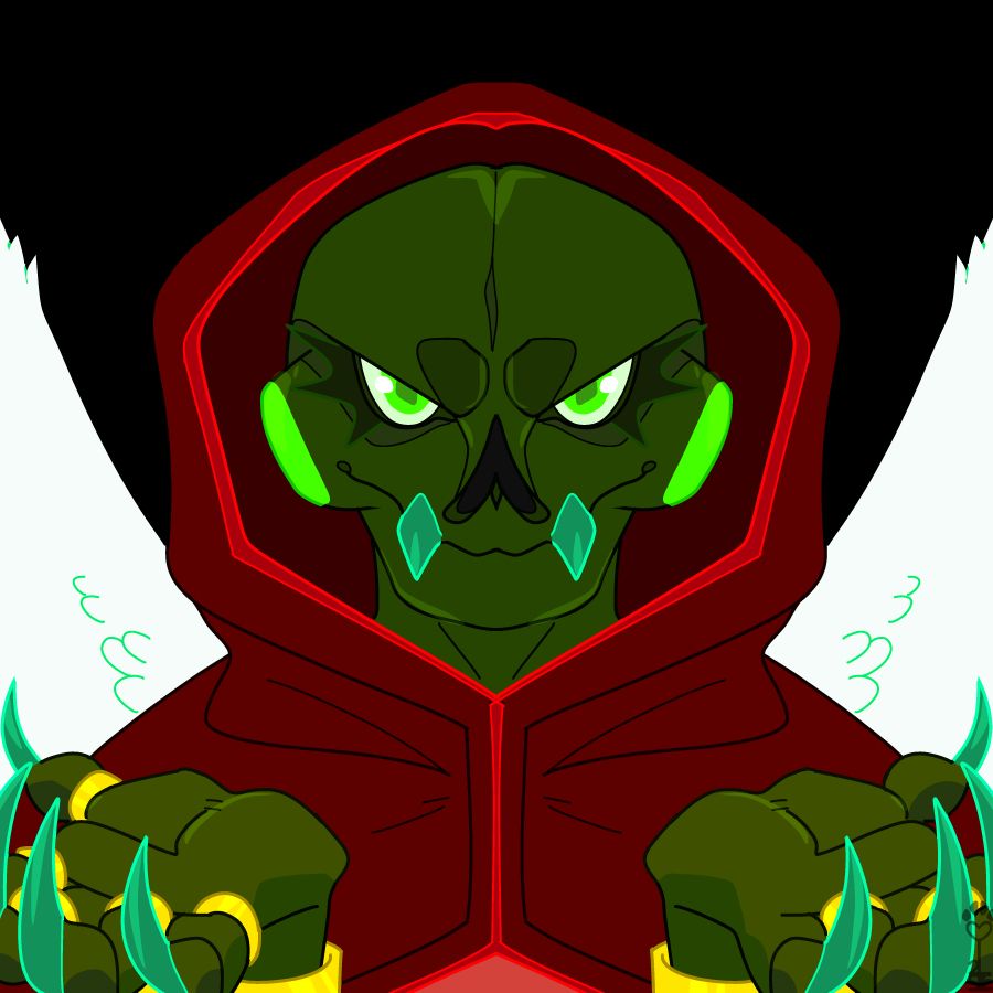 id: a digital portrait Calamity the dominant green cherub from Homestuck. she has a dark green, skeletal appearance, with neon green cheeks and eyes, and teal fangs and claws. two white wings spread from her shoulders. she wears a dark red hooded cloak and gold jewelry on her hands, which she holds out with palms upward as she stares at the viewer /end id