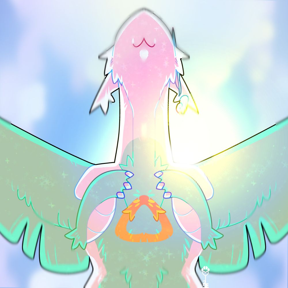 id: a digital halfbody drawing of Beau the shiny latios from Pokemon. they are a winged monster resembling an airplane, with bright seafoam and white feathers and an orange triangle marking on their chest. they wear silver metal clips on their head. Beau is depicted from below, flying across a bright cloudy sky, the sun shining over their shoulder /end id