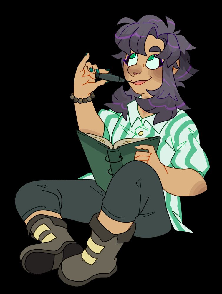 id: a digital fullbody drawing of Petal the human. she has tan skin, grey hair, bright green eyes, and dark green painted nails. she wears a mint and green striped shirt, dark grey pants, and faded brown boots. Petal sits with a green notebook in her lap, as she taps her black pen against her lips in thought /end id