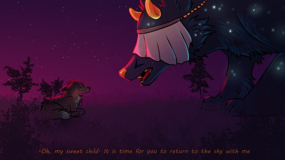 A large, black canid figure with stars in their fur looms over a smaller wolf in a large field. The black canid has a veil covering their eyes and small, golden nub horns. The caption at the bottom reads "Oh, my sweet child. It is time for you to return to the sky with me."