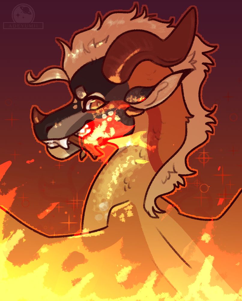 An orange sandwing-rainwing dragon hybrid from the series "Wings of Fire" with a torch in her mouth. She is sitting with flames coming from beneath her