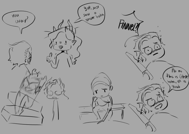 four seperate sketches, one of a tiefling telling a triton he just saw a spoiler upon asked if hes okay. the second of that same triton badly pretending to be an npc called Celeste. the third the tiefling watching the triton jump into a coffin. the fourth of a sad aasimar sitting alone on a bench