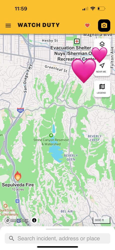Map of a new fire that started in Los Angeles on the East side of the 405 in the Sepulveda area and The Getty museum.