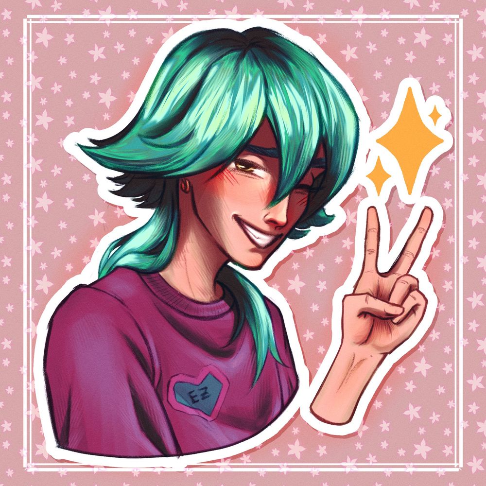 Ezreal from LoL winking at the camera and showing a peace sign. 