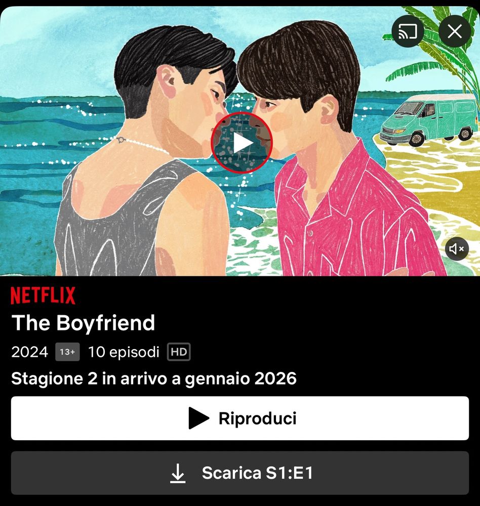 Splash page dell’app Netflix della serie “The Boyfriend”. C’è scritto: Stagione 2 in arrivo a gennaio 2026