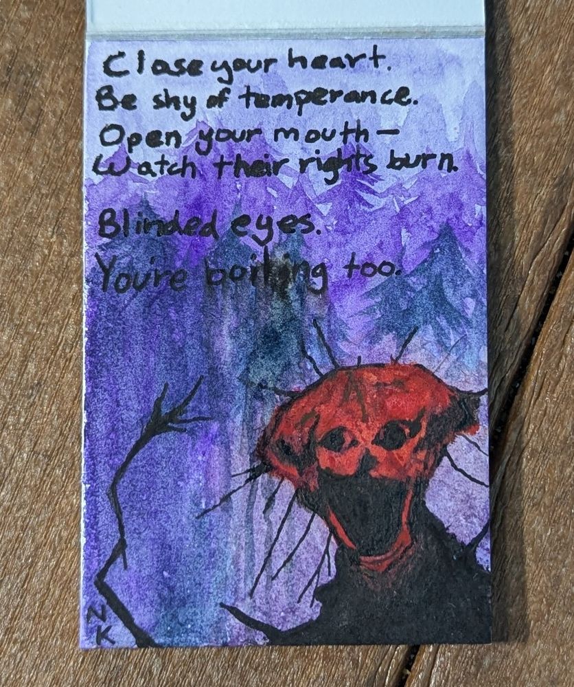 A watercolor painting of the Boiled One behind a purple forest background on a small, flat canvas. It has the poem "The Boiled Ones" written on it with black ink.