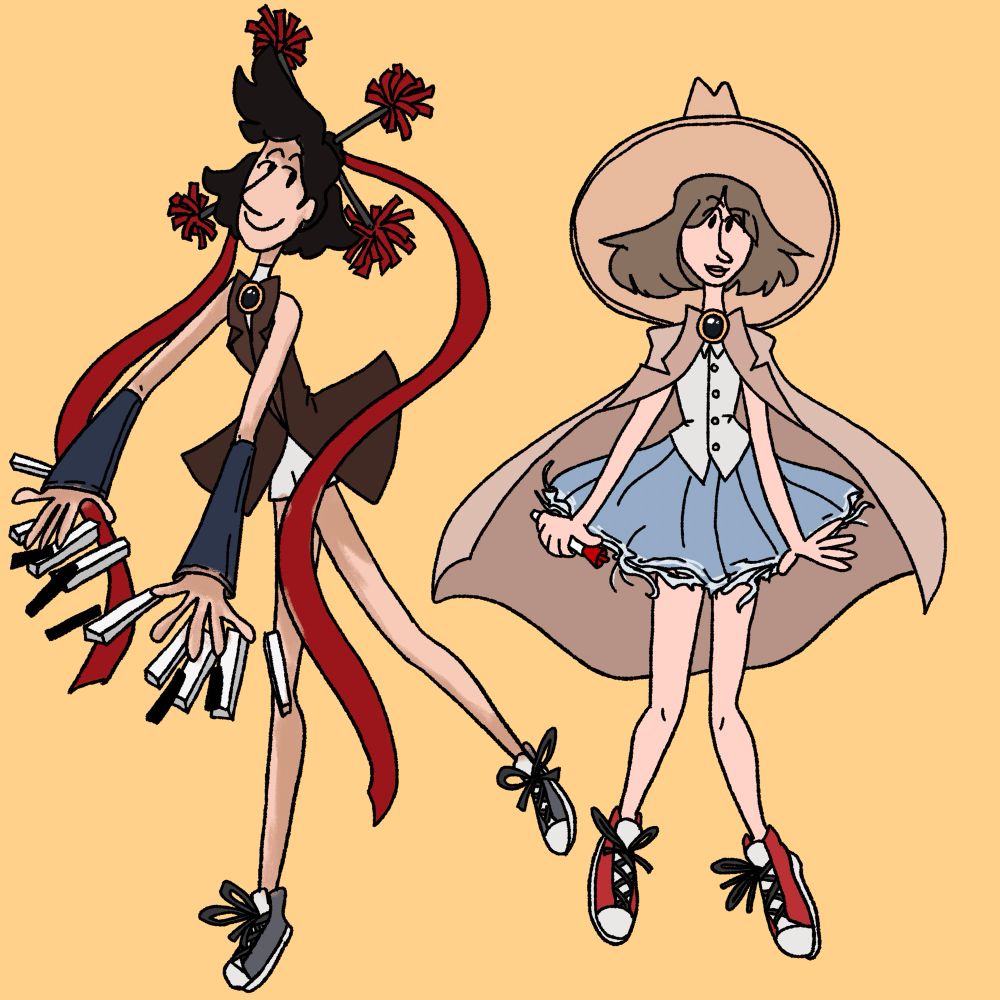 two Nirvanna the Band the Show themed magical girls. the Jay girl (Nirvanna Keys) has short hair with fluffy bangs and a bun with two devil sticks stuck through it. two flowing red ribbons come through it as well. she wears a short white jumpsuit with a sleeveless brown blazer over it, denim armwarmers, and gray sneakers. she plays hovering piano keys. the Matt girl (Nirvanna Vox) has a messy blonde bob, beige witch hat, a beige cape, button-down white shirt, and a frayed denim skirt. she wears red sneakers and holds a red marker