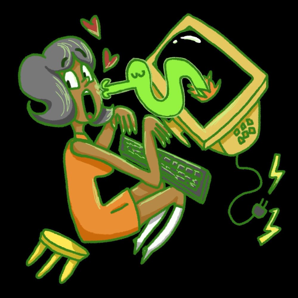digital illustration of a woman in a retro outfit sitting at an old computer. a green worm thingy is coming out of the computer and giving her a kiss. she's making a goofy surprised expression