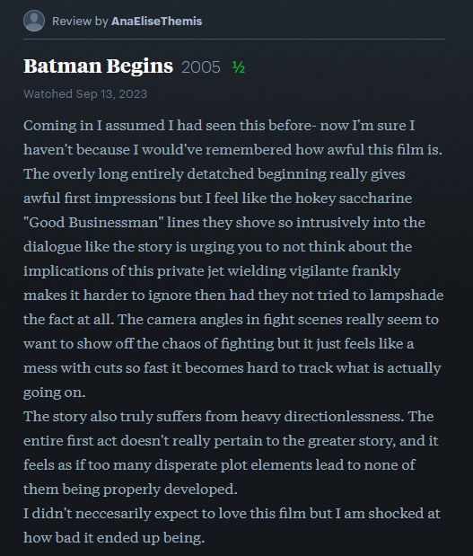 Screenshot of review from https://letterboxd.com/anaelisethemis/film/batman-begins/