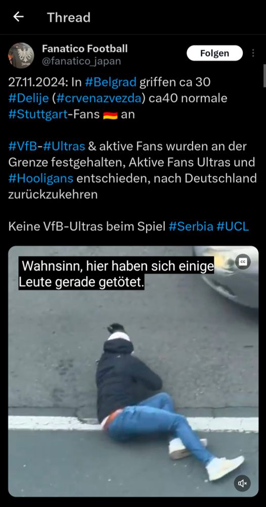 Screenshot eines Tweets von @fanatico_japan. Es wird berichtet, dass heute in Belgrad 40 normale Stuttgart Fans von 30 Belgrader Hooligans angegriffen wurden.