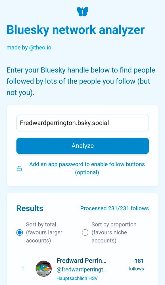 Screenshot vom Bluesky network analyzer. Hier sieht man accounts, denen viele meiner follows folgen, denen ich aber nicht selbst folge. Auf Platz 1 ist mein eigener Account.