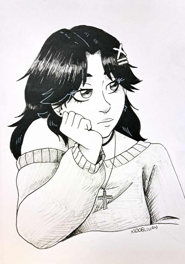 A black and white ink drawing of a dark-haired goth girl, cropped at the chest. She is propping up her head with her arm as she lazily looks to the side, unimpressed.