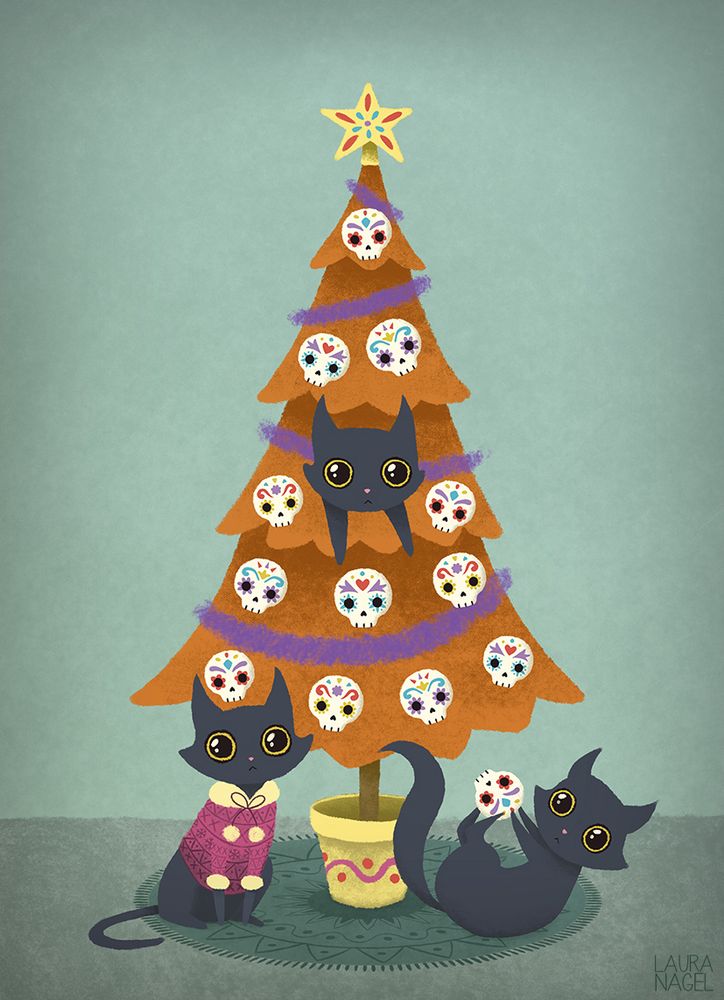 ilustración de un árbol de navidad naranja decorado con calaveras mexicanas y tres gatitos negros jugando en el árbol.