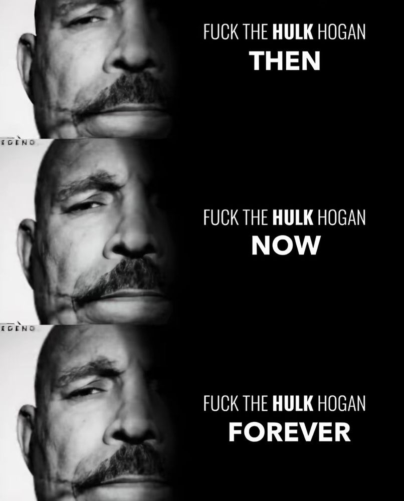 A picture of the Iron Sheik stacked 3 times saying “Fuck the Hulk Hogan then, now, forever.”