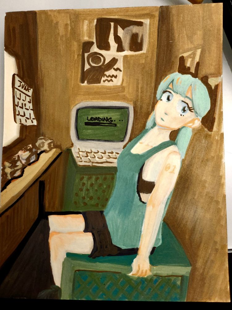 Acrylic paint pen drawing of Hatsune Miku in tank top and shorts in a small enclosed space