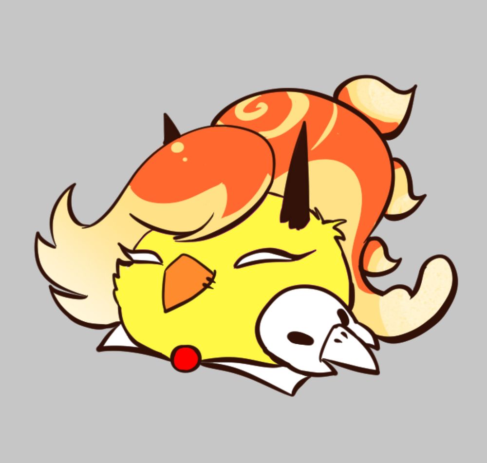 A peep illustration with flowing orange fiery hair, horns and a skull pauldron 