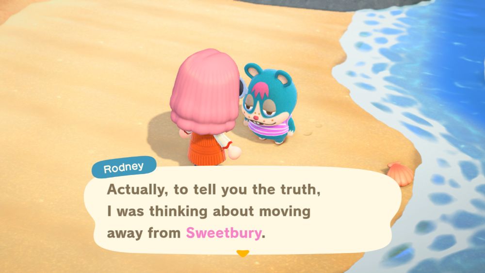 Animal Crossing player character talking to Rodney the hamster on the beach. Rodney says, "Actually, to tell you the truth, I was thinking about moving away from Sweetbury."