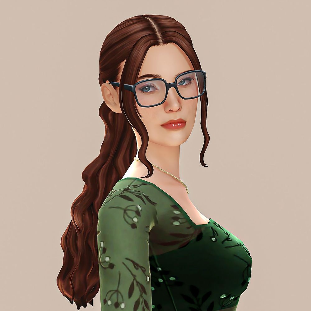 A sim styled after the poster. Her body is facing to the right side, with her head turned over her shoulder and eyes facing the left. She has long, wavy brown hair pulled back in a ponytail with two somewhat shorter face-framing "bangs" (they're too long to be bangs really) in front. She has blue-gray eyes and is wearing black square-rimmed glasses and a deep green long-sleeved blouse. 
