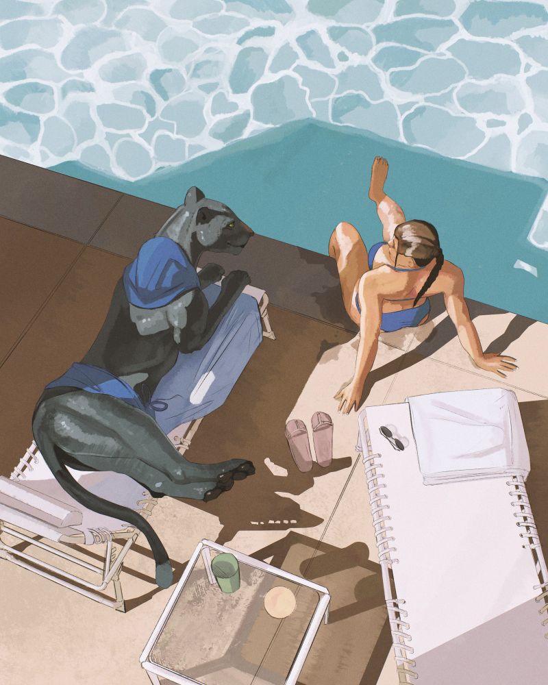 A worms eye view of a pool scene a black panther reclines on a pool chair while a woman dips her feet in the pool.