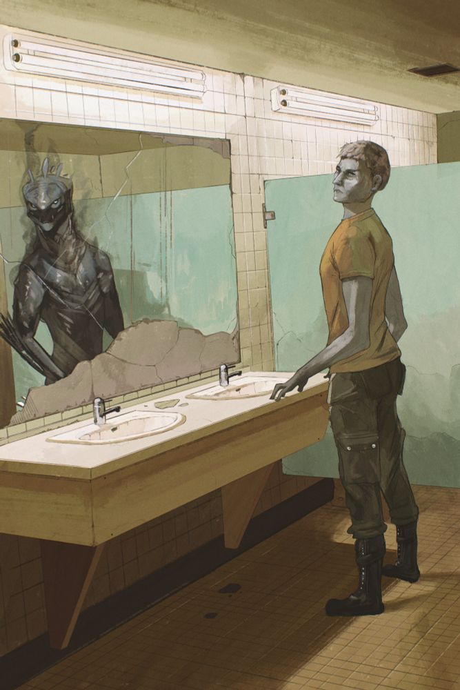 Character Iria in a run down public restroom standing in front of a mirror. In the mirror is the reflection of his monstrous mynnmorl form